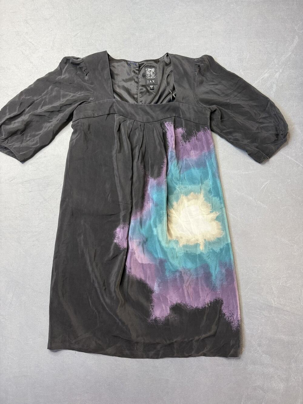 JAX Silk Babydoll Dress Y2K Vintage Watercolor Print Puff Sleeve Size 4 Women's